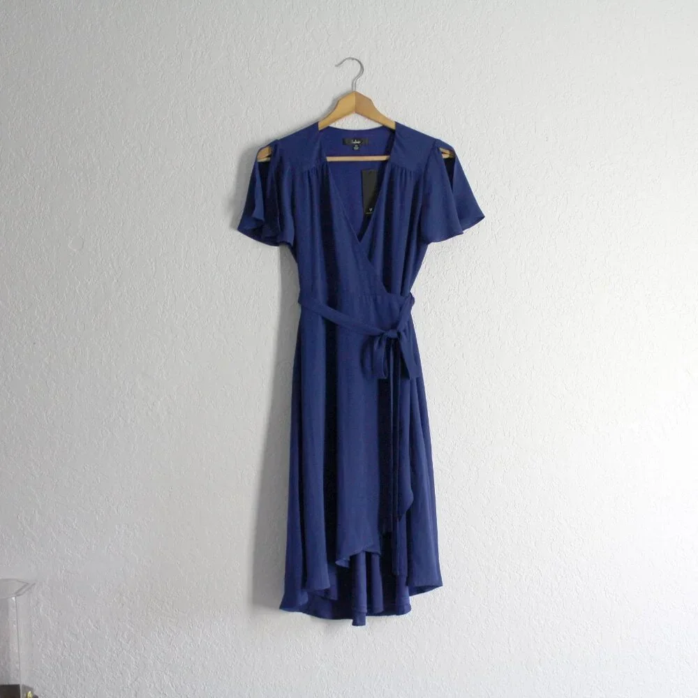 New Royal Blue Wrap Dress V-neck split sleeve flowy chiffon XS Lulus - Picture 4 of 9